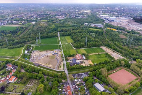 Aerial view, construction area Hofstraße am Hüller Bach, Röhlinghausen, Herne, Ruhr area, North