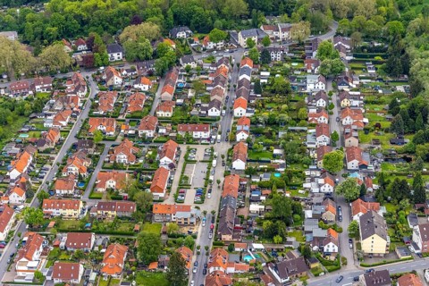 Aerial view, colony Hannover housing estate, Sassenburg Straße, Eickel, Herne, Ruhr area, North
