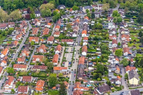 Aerial view, colony Hannover housing estate, Sassenburg Straße, Eickel, Herne, Ruhr area, North