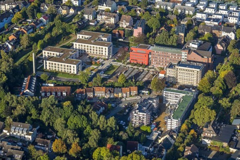Aerial view, Widumer Höfe construction site at the Campus St. Elisabeth Group with eight