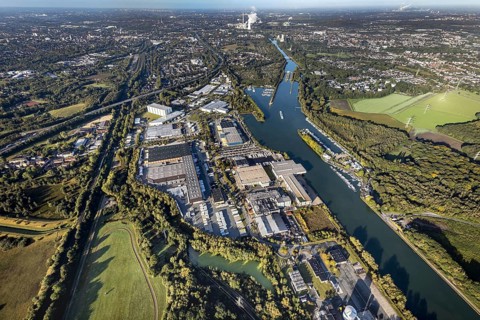 Aerial view, Friedrich der Große industrial estate on the Herne Sea and marina on the Rhine-Herne