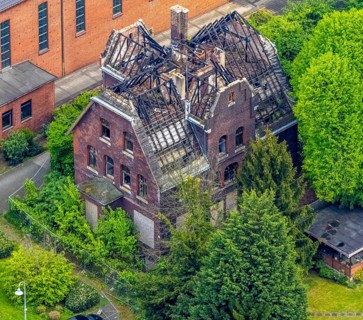 Aerial view, St. Marien Eickel Church at St. Marien Hospital, building fire at the outbuilding,