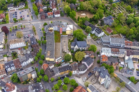 Aerial view, St. John's Church Eickel, shopping centre, Eickel, Herne, Ruhr area, North