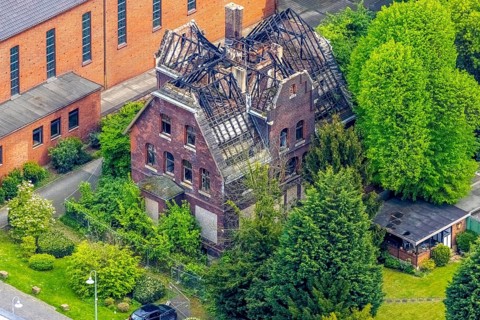 Aerial view, St. Marien Eickel Church at St. Marien Hospital, building fire at the outbuilding,