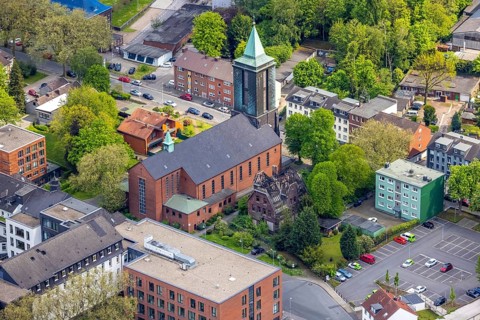 Aerial view, St. Marien Eickel Church at St. Marien Hospital, building fire at the outbuilding,