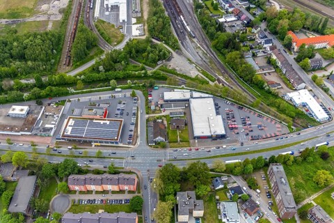 Aerial view, commercial area Dorstener Straße, local supply centre, Wanne-Süd, Herne, Ruhr area,