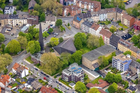 Aerial view, St. Barbara Church, Röhlinghausen, Herne, Ruhr area, North Rhine-Westphalia, Germany,