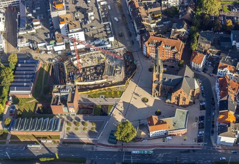 Aerial view, construction site and new building Europaplatz and Europagarten with Kreuzkirche in