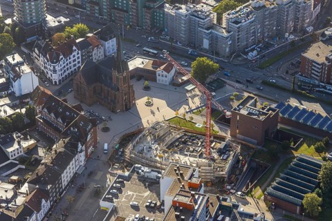 Aerial view, construction site and new building Europaplatz and Europagarten with Kreuzkirche in