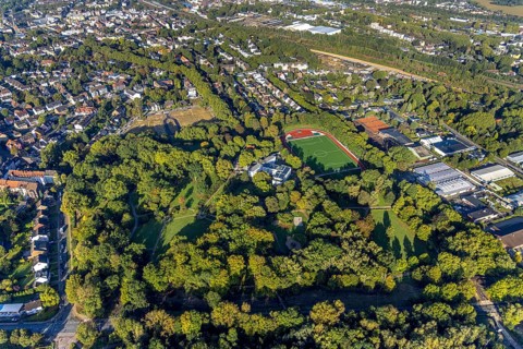 Aerial view, Parkhotel Herne in Herne city garden and sports field of FC Herne 1957 in the district