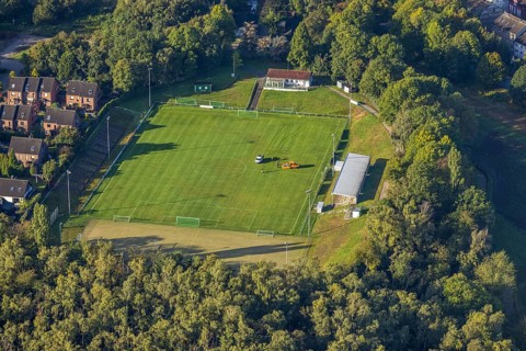 Aerial view, work at the football ground Dr. Jovanovic-Glück-Auf-Stadion of SV Sodingen 1912 in the