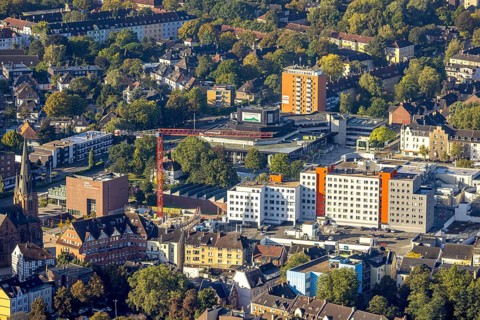 Aerial view, construction site and new building Europaplatz with Europagarten and City Center with