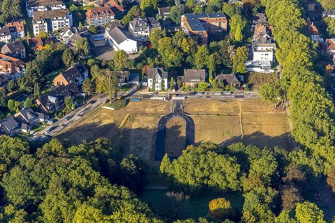 Aerial view, construction area Schäferstraße corner Am Stadtgarten for a residential quarter in the