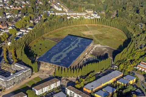 Aerial view, Mont-Cenis Academy with tree circle in the Sodingen district of Herne, Ruhr area,