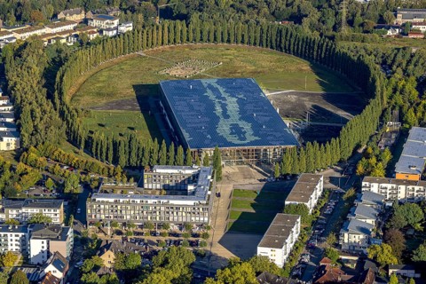 Aerial view, Mont-Cenis Academy with tree circle in the Sodingen district of Herne, Ruhr area,