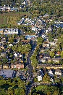 Aerial view, redesign of Castroper Straße and roundabout Sieben Spielende Kinder in the Börnig