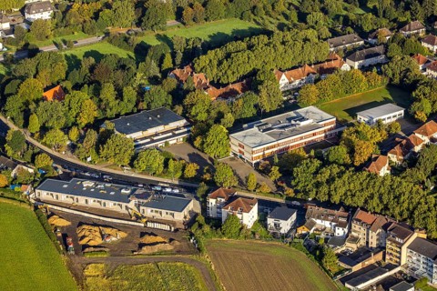 Aerial view, Sodingen secondary school and construction site with new building of a day care centre