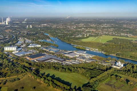 Aerial view, Friedrich der Große industrial estate on the Herne Sea and marina on the Rhine-Herne
