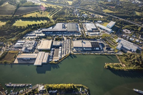 Aerial view, Friedrich der Große industrial estate on the Herne Sea and marina on the Rhine-Herne