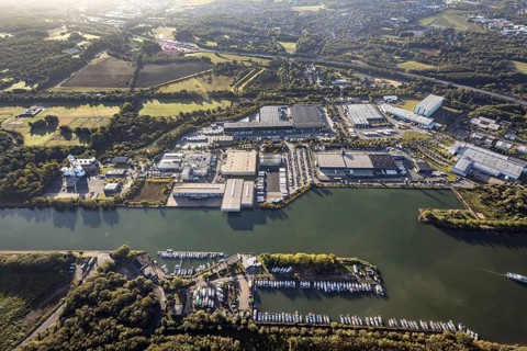Aerial view, Friedrich der Große industrial estate on the Herne Sea and marina on the Rhine-Herne