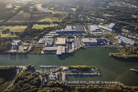 Aerial view, Friedrich der Große industrial estate on the Herne Sea and marina on the Rhine-Herne