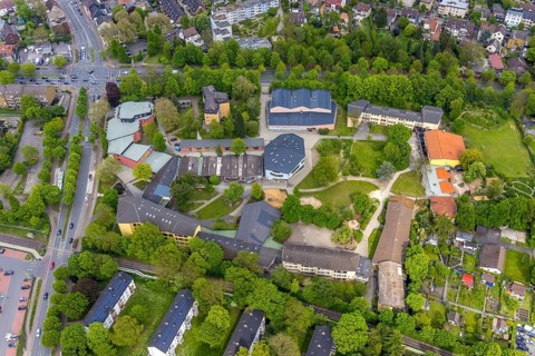 Aerial photo, Hiberniaschule Herne, Waldorfpädagogik Ruhr Area e.V., Wanne-Süd, Herne, Ruhr area,