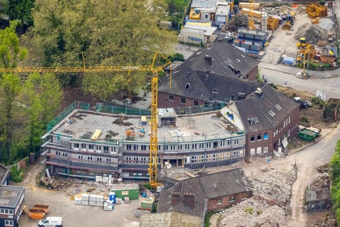 Aerial view, former Heitkamp villa, construction site and new building for flats on Langkampstraße,