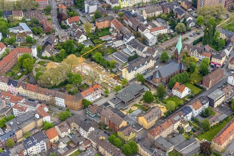 Aerial view, construction site Karlstraße for nursing home and kindergarten, St. Laurentius Church,