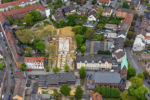 Aerial view, construction site Karlstraße for nursing home and kindergarten, St. Laurentius Church,