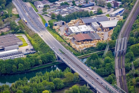 Aerial view, Emscher valley bridge, A43 motorway bridge in stress test, dilapidated transport