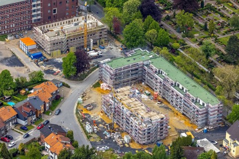Aerial view, construction site campus of the St. Elisabeth Group, Widumer Höfe retirement homes,