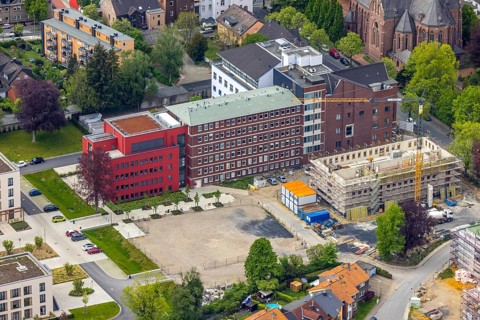 Aerial view, construction site campus of the St. Elisabeth Group, Widumer Höfe retirement homes,