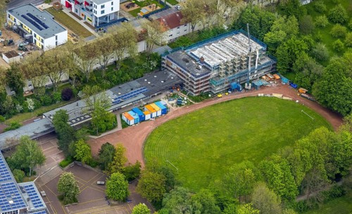 Aerial view, Otto-cock-Gymnasium with construction site indoor swimming pool, Sodingen, Herne, Ruhr