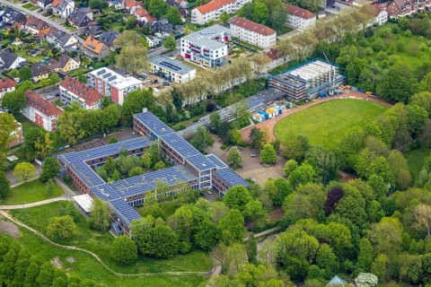 Aerial view, Otto-cock-Gymnasium with construction site indoor swimming pool, Sodingen, Herne, Ruhr