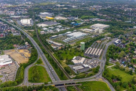 Aerial view, gasometer Herne, industrial area Lindenallee, Herne, Ruhr area, North