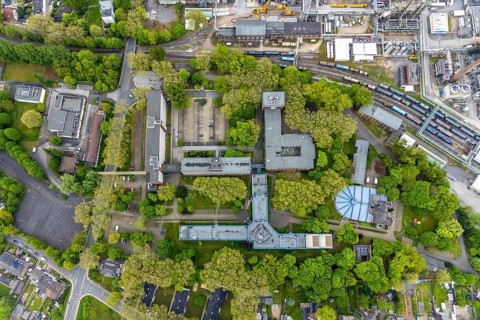 Aerial view, Quartier Shamrockpark of the former RAG AG, Shamrockring, Herne-Mitte, Herne, Ruhr