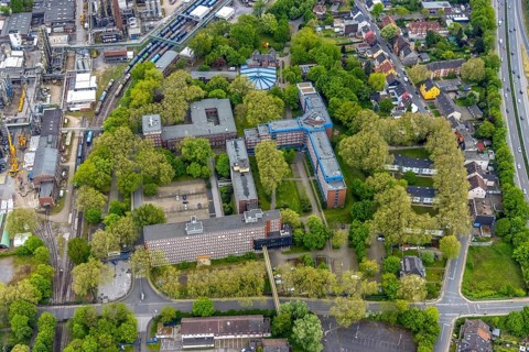 Aerial view, Quartier Shamrockpark of the former RAG AG, Shamrockring, Herne-Mitte, Herne, Ruhr