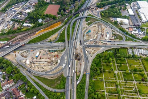 Aerial view, construction site due to A43 extension, motorway junction Herne, motorway A42,