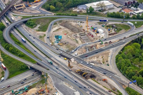Aerial view, construction site due to A43 extension, motorway junction Herne, motorway A42,