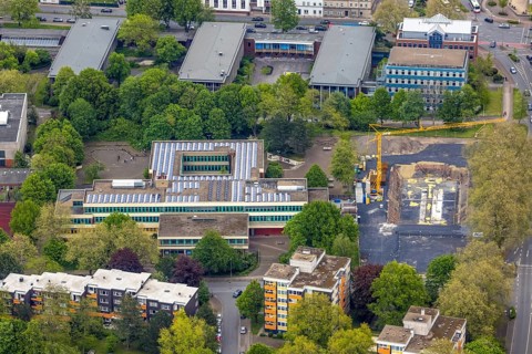 Aerial photo, construction site at Pestalozzi-Gymnasium, Baukau, Herne, Ruhr area, North