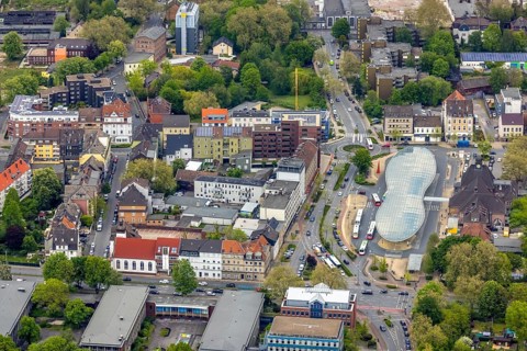 Aerial view, futuristic bus station at Herne railway station, Bahnhofstraße, Baukau, Herne, Ruhr