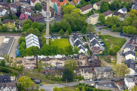 Aerial view, garage yard Mulvanystraße, transmission mast, construction site demolition site,