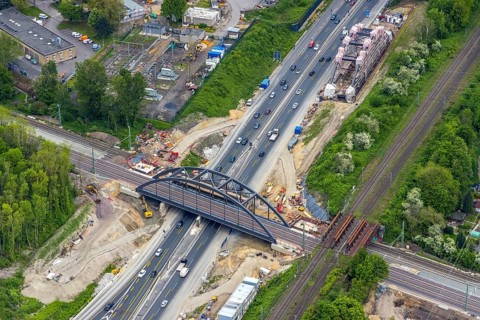 Aerial view, construction site for new railway bridge over the A43 motorway, 2nd bridge on the