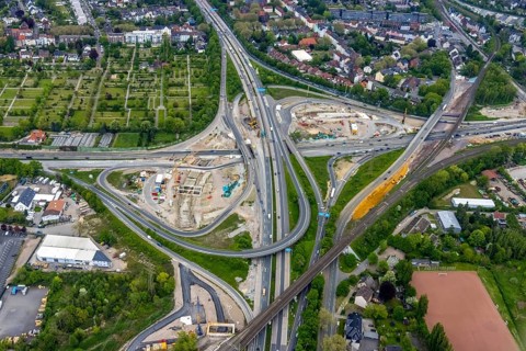 Aerial view, construction site due to A43 expansion, motorway junction Herne, motorway A42,