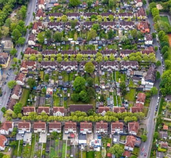 Aerial view, housing estate Hammerschmidtstrasse, Emscherstrasse, Wanne, Herne, Ruhr area, North