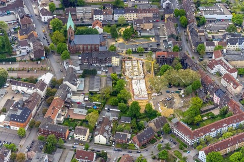 Aerial view, construction site Karlstraße for nursing home and kindergarten, St. Laurentius Church,