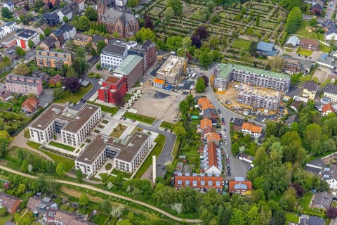 Aerial view, construction site campus of the St. Elisabeth Group, Widumer Höfe retirement homes,