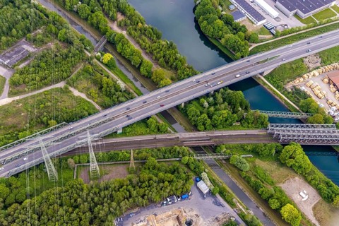 Aerial view, Emscher valley bridge, A43 motorway bridge in stress test, dilapidated transport