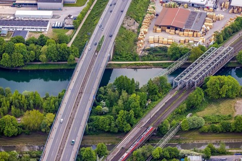Aerial view, Emscher valley bridge, A43 motorway bridge in stress test, dilapidated transport