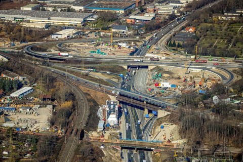Aerial view, Herne motorway junction with new Baukau tunnel from the A43 to the A42, Baukau-West,